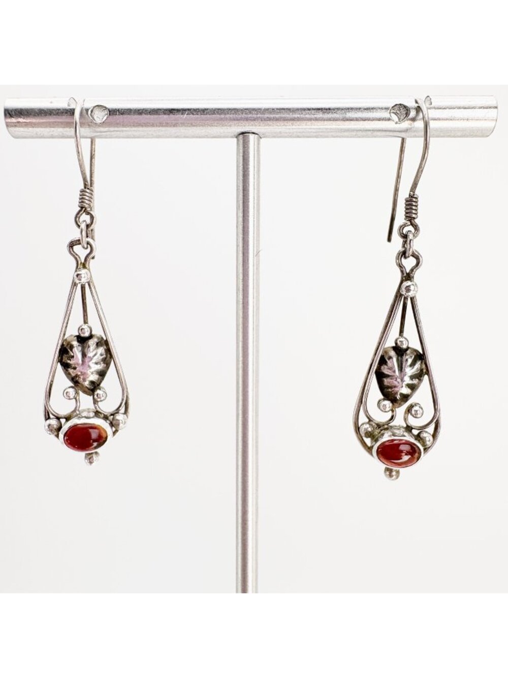 Carnelian Leaf Design Dangle Earrings Sterling Silver 925 Size 1.75" Length